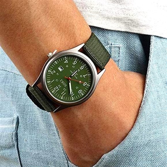 Jewelrywe Men's Military Green Dial Nylon Strap Quartz Calendar Wrist Watch - Picture 1 of 7
